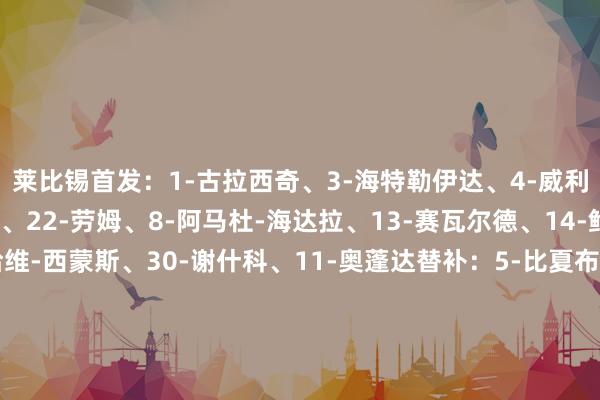 莱比锡首发：1-古拉西奇、3-海特勒伊达、4-威利-奥尔班、23-卢克巴、22-劳姆、8-阿马杜-海达拉、13-赛瓦尔德、14-鲍姆加特纳、10-哈维-西蒙斯、30-谢什科、11-奥蓬达替补：5-比夏布、6-埃尔马斯、7-努萨、9-波尔森、16-克洛斯特曼、18-费尔梅伦、19-安德烈-席尔瓦、24-格贝尔、26-范德沃特、39-亨里希斯尤文首发：29-迪格雷戈里奥、27-安德烈亚-坎比亚索、3-